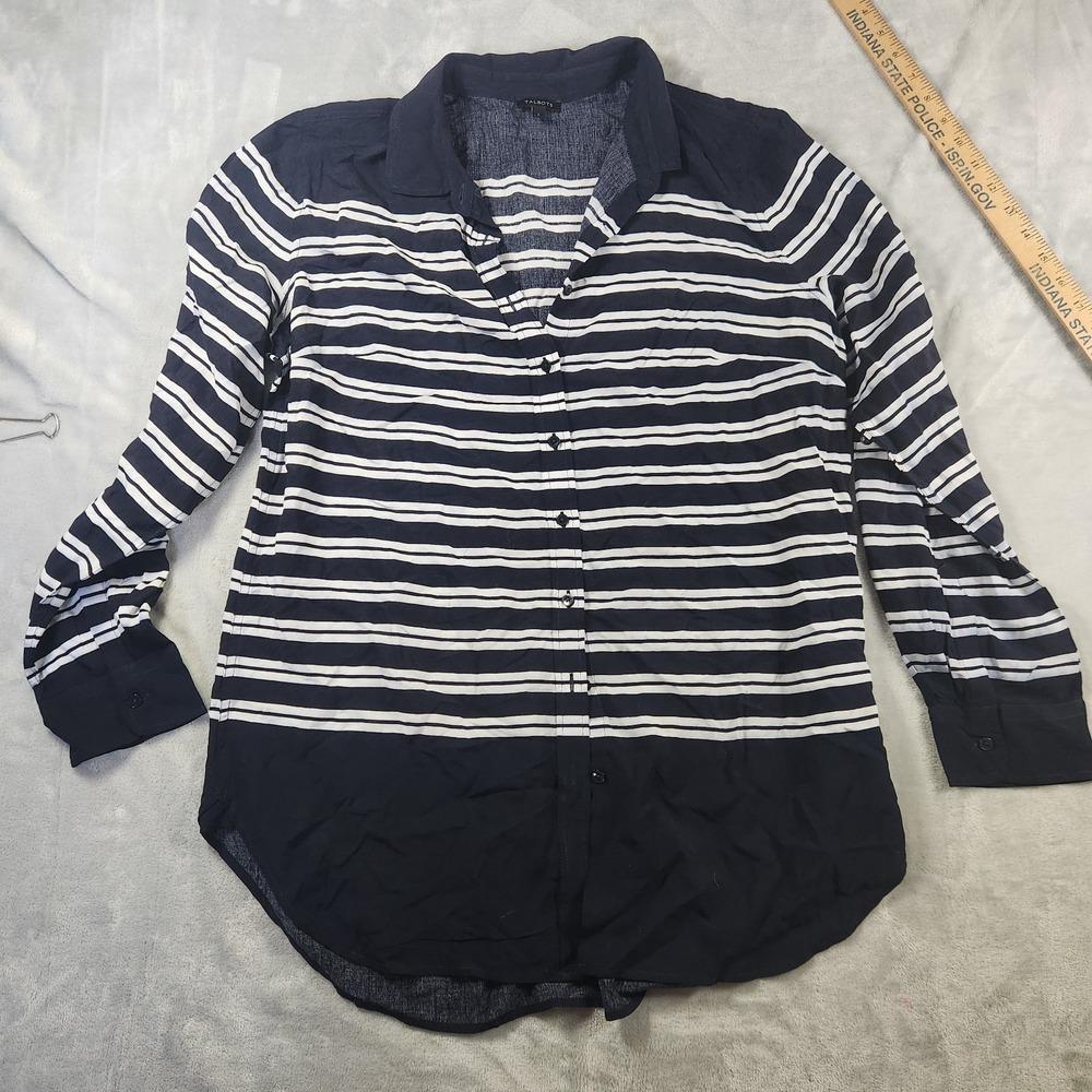 Talbots Button Up Shirt Women's L Navy White Stripe Nautical Coastal Resort